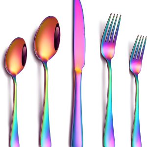 20 Piece Rainbow Silverware Set, Stainless Steel Flatware Set for 4 Colorful Cutlery Utensil Set Include Knife Fork Spoon Food Grade Mirror Polished Dishwasher Safe