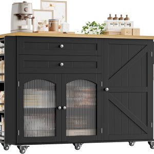 FINETONES Kitchen Island with Storage, Rolling Kitchen Island on Wheels with Wood Drop Leaf Countertop, Island Table Bar Cart with Spice Towel Rack Portable Kitchen Table Kitchen Carts on Wheels