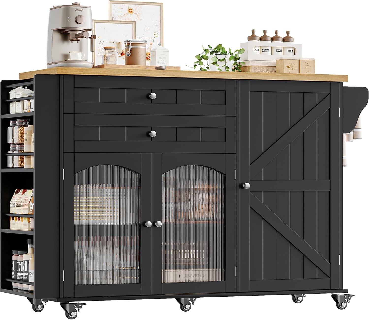 FINETONES Kitchen Island with Storage, Rolling Kitchen Island on Wheels with Wood Drop Leaf Countertop, Island Table Bar Cart with Spice Towel Rack Portable Kitchen Table Kitchen Carts on Wheels
