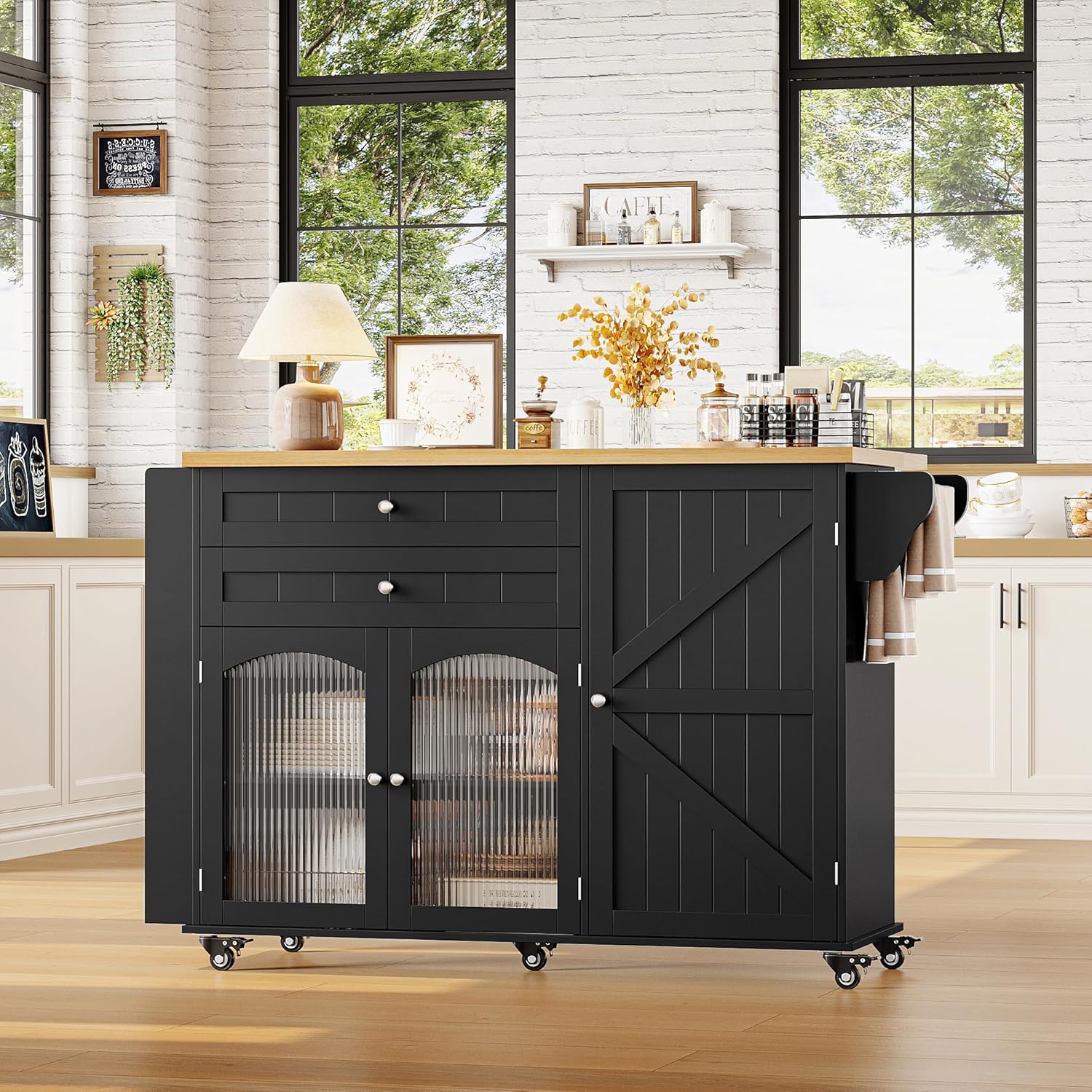 FINETONES Kitchen Island with Storage, Rolling Kitchen Island on Wheels with Wood Drop Leaf Countertop, Island Table Bar Cart with Spice Towel Rack Portable Kitchen Table Kitchen Carts on Wheels - Image 2