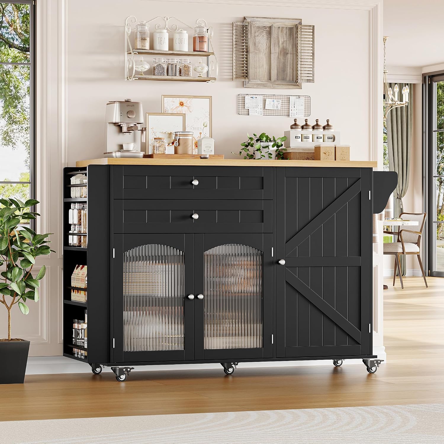 FINETONES Kitchen Island with Storage, Rolling Kitchen Island on Wheels with Wood Drop Leaf Countertop, Island Table Bar Cart with Spice Towel Rack Portable Kitchen Table Kitchen Carts on Wheels - Image 3