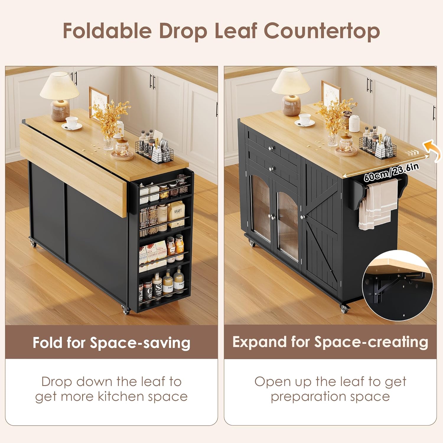 FINETONES Kitchen Island with Storage, Rolling Kitchen Island on Wheels with Wood Drop Leaf Countertop, Island Table Bar Cart with Spice Towel Rack Portable Kitchen Table Kitchen Carts on Wheels - Image 5