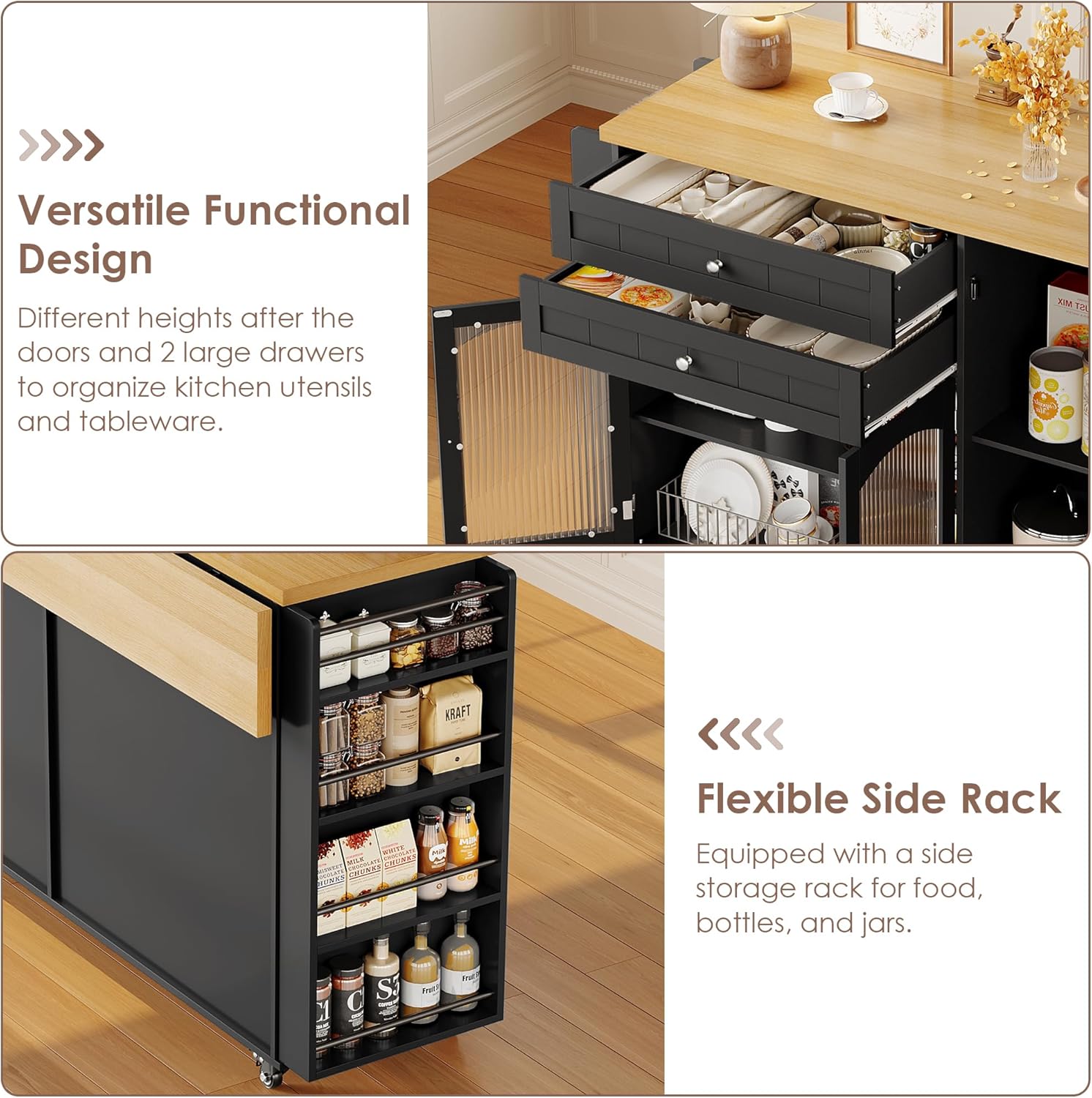 FINETONES Kitchen Island with Storage, Rolling Kitchen Island on Wheels with Wood Drop Leaf Countertop, Island Table Bar Cart with Spice Towel Rack Portable Kitchen Table Kitchen Carts on Wheels - Image 6