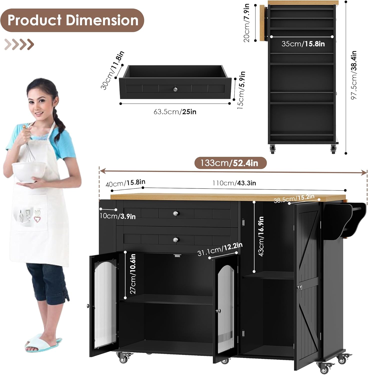 FINETONES Kitchen Island with Storage, Rolling Kitchen Island on Wheels with Wood Drop Leaf Countertop, Island Table Bar Cart with Spice Towel Rack Portable Kitchen Table Kitchen Carts on Wheels - Image 7