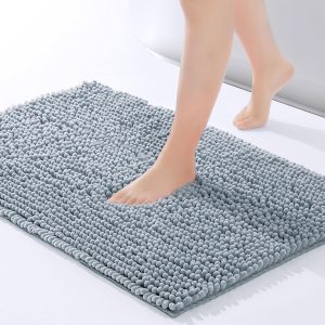 FRESHMINT Chenille Bathroom Rugs Non-Slip Bath Mat 24"x17", Washable Soft Shower Mat, for Bathroom Floor & Tub Fluffy Shag Bath Rugs, Durable Thick Water Absorbent Microfiber Shower Rugs, Sky Gray
