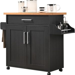 Hodedah Rolling Wood Kitchen Island Cart with Spice Rack, Towel Rack, Utensil Drawer plus Cabinet, White with Beech Top