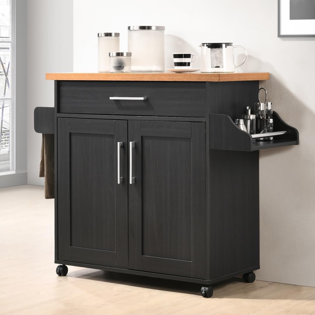 Hodedah Rolling Wood Kitchen Island Cart with Spice Rack, Towel Rack, Utensil Drawer plus Cabinet, White with Beech Top - Image 4