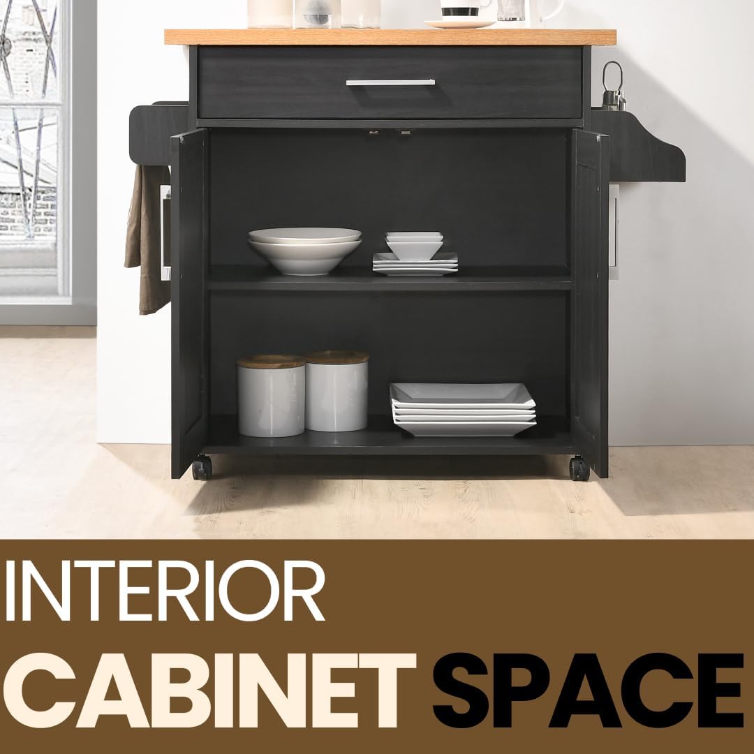 Hodedah Rolling Wood Kitchen Island Cart with Spice Rack, Towel Rack, Utensil Drawer plus Cabinet, White with Beech Top - Image 7