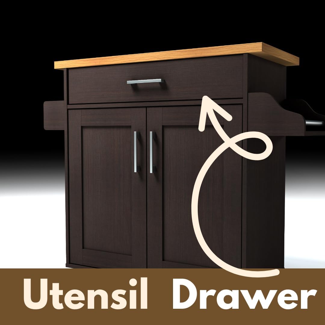 Hodedah Rolling Wood Kitchen Island Cart with Spice Rack, Towel Rack, Utensil Drawer plus Cabinet, White with Beech Top - Image 8