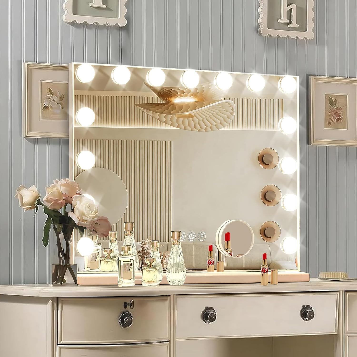 Hollywood Vanity Mirror with Lights, 15 Dimmable Bulbs, 3 Color Lights,Make Up Lighted Mirror, Aluminum Metal Frame, USB Charging Port(23" x 18")