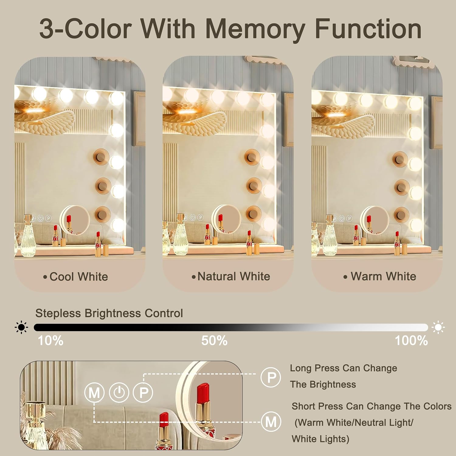 Hollywood Vanity Mirror with Lights, 15 Dimmable Bulbs, 3 Color Lights,Make Up Lighted Mirror, Aluminum Metal Frame, USB Charging Port(23" x 18") - Image 3