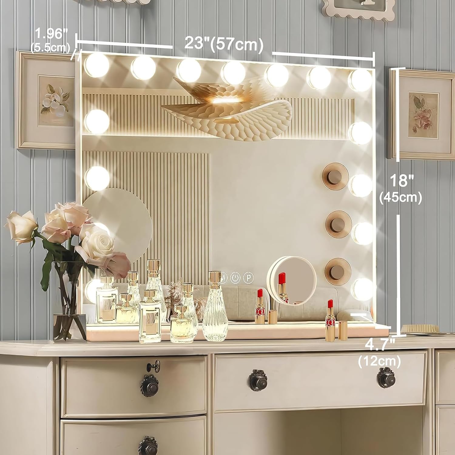 Hollywood Vanity Mirror with Lights, 15 Dimmable Bulbs, 3 Color Lights,Make Up Lighted Mirror, Aluminum Metal Frame, USB Charging Port(23" x 18") - Image 6