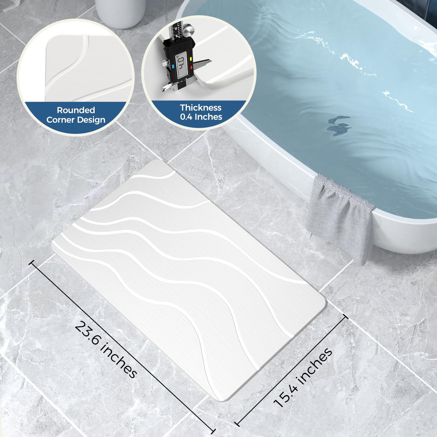 Stone Bath Mat Diatomaceous Earth Non-Slip Shower Mat,Quick Drying Diatomite Bath Stone Mat for Bathroom Floor -Super Absorbent,Natural, Easy to Clean(24 * 16 White) - Image 2