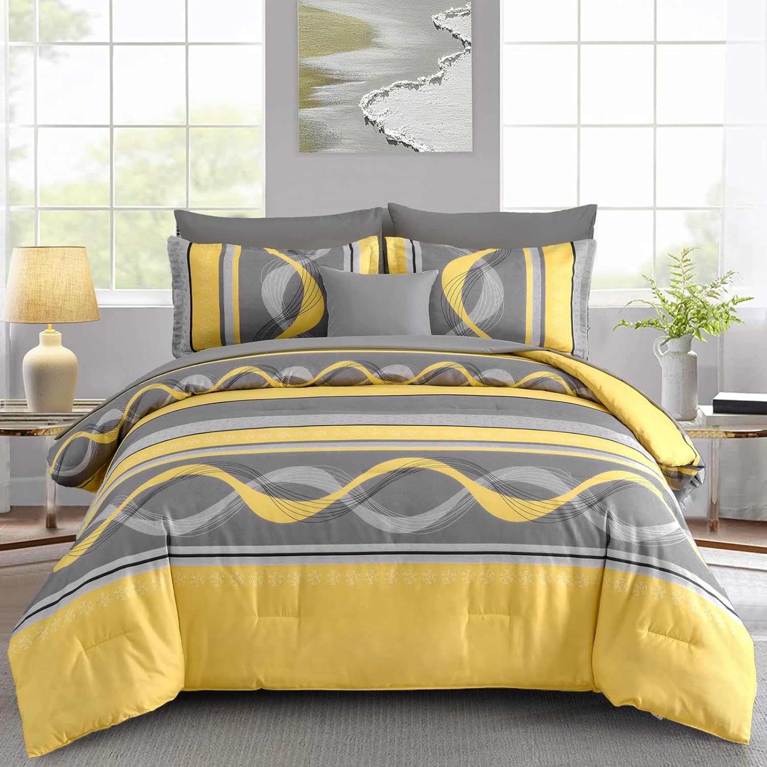Yellow Comforter Set Queen Size,8 Pieces Bed in a Bag Patchwork Striped Bedding Sets,Boho Soft Microfiber Bedding Set for All Season(90"×90")