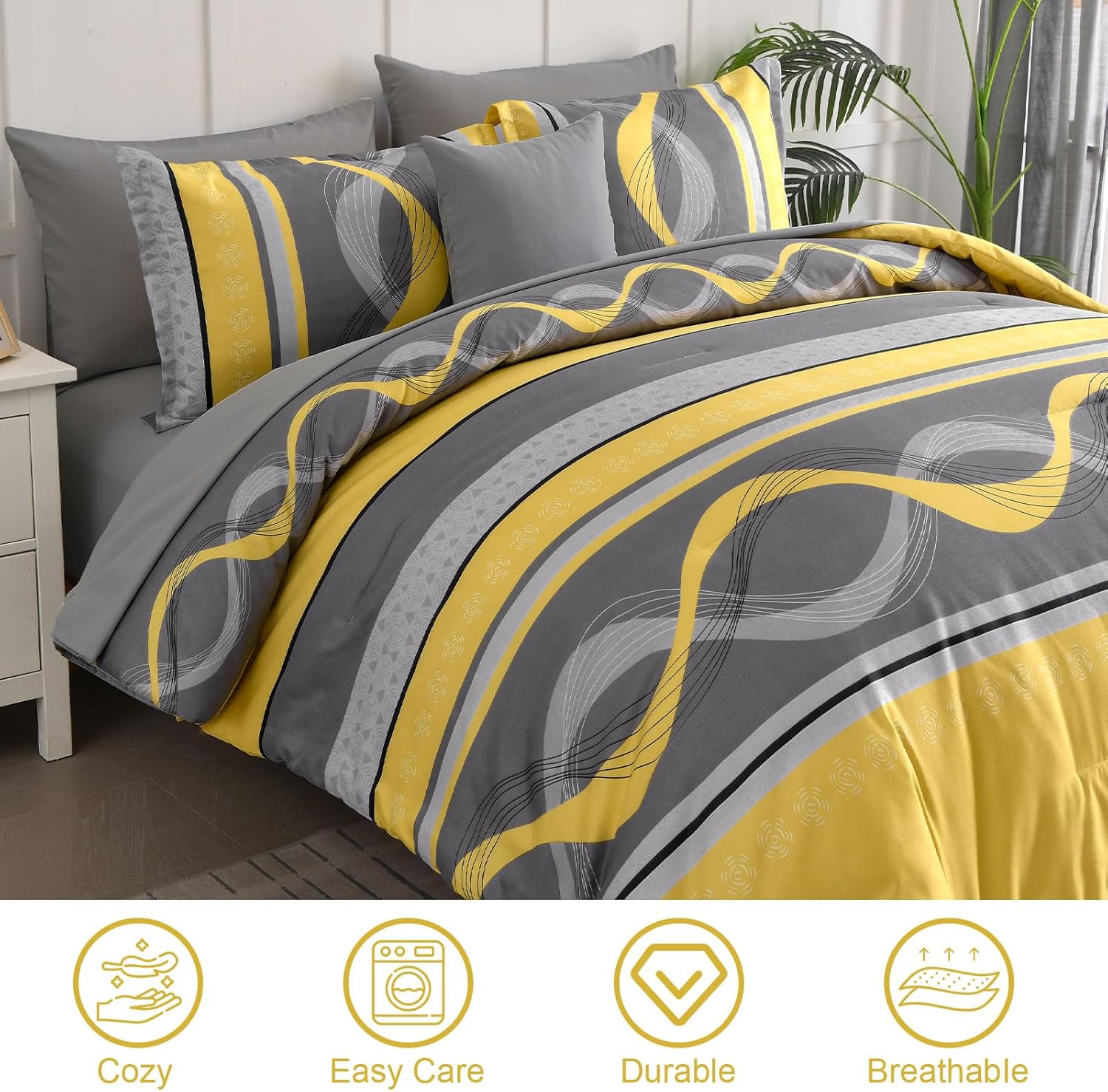 Yellow Comforter Set Queen Size,8 Pieces Bed in a Bag Patchwork Striped Bedding Sets,Boho Soft Microfiber Bedding Set for All Season(90"×90") - Image 4