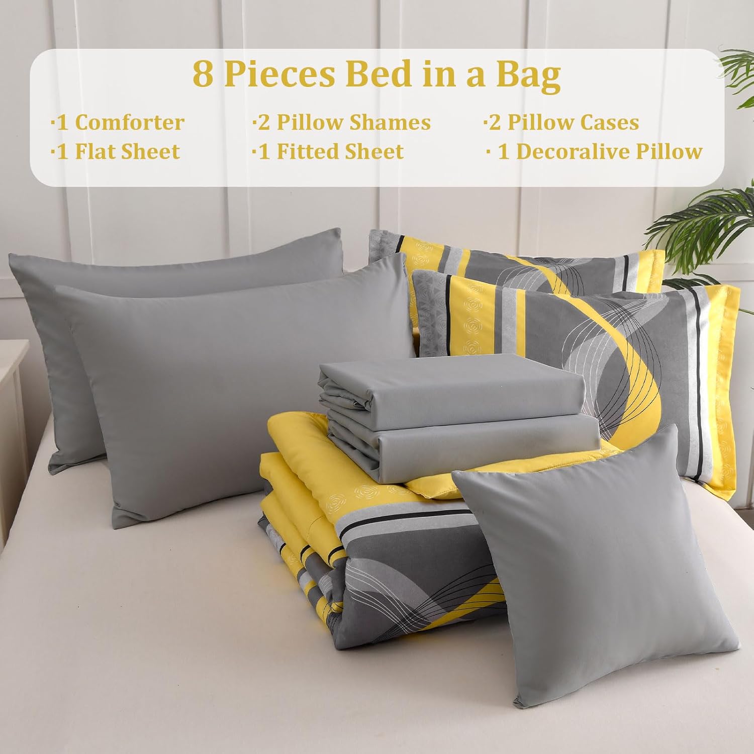 Yellow Comforter Set Queen Size,8 Pieces Bed in a Bag Patchwork Striped Bedding Sets,Boho Soft Microfiber Bedding Set for All Season(90"×90") - Image 7