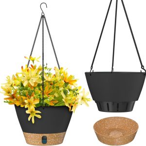 ZMTECH 10 Inch Hanging Planters for Outdoor Plants, Hanging Pots for Plants Indoor with Visible Water Level, Hanging Flower Basket with Drainage Holes & Removable Tray(2 Pack, Gray)